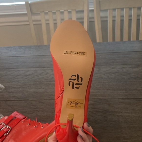 NWT BURJU Under The Influence Open Toe Lace Up Buckle Ankle Boots | Red 11 - Picture 8 of 10